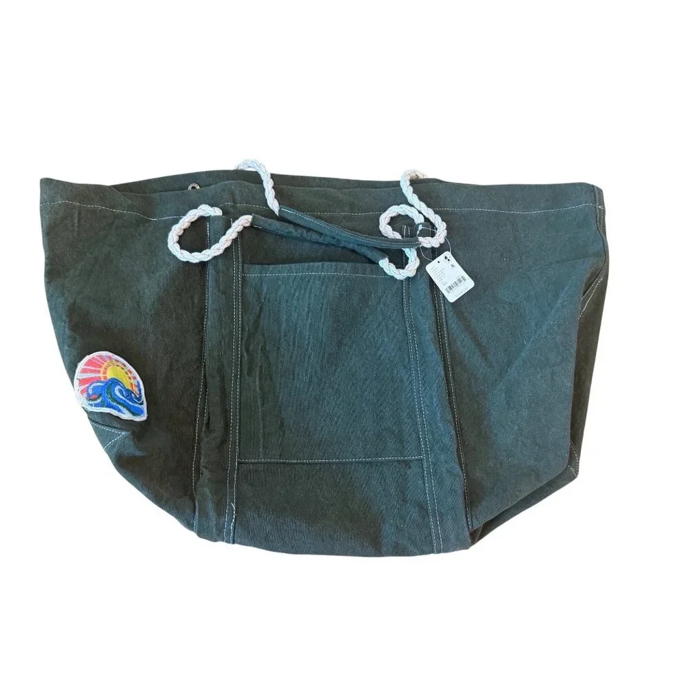 Free People Been There Badge Tote Bag Sea Serpent Green Cotton Patch Travel Boho